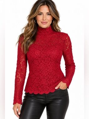 Forenza Red Lace Mock Neck Long Sleeve Top Scallop Hem Top Size Small 90’s Y2K